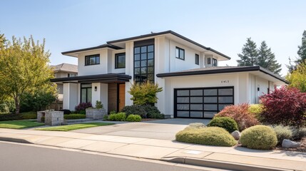 Modern suburban home with clean lines, bathed in soft daylight. Minimalist elegance in a quiet neighborhood setting.
