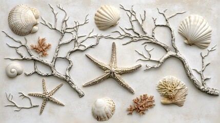 Arrangement of seashells, starfish, and twigs on a light background.