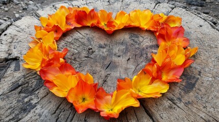 Heart-Shaped Arrangement of Bright Orange and Yellow Flowers on Wooden Log Surface