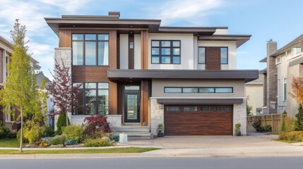 Fototapeta premium Modern suburban home with clean lines, bathed in soft daylight. Minimalist elegance in a quiet neighborhood setting. 