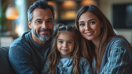 Obraz premium Family Portrait Sitting Together in Cozy Home Environment, Smiling Joyfully at the Camera