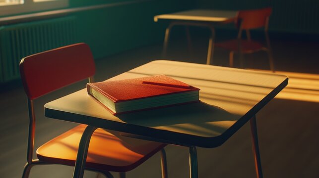 Empty classroom desk with book and pencil in sunlight