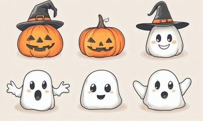 Fototapeta premium Cute Halloween cartoon faces with ghosts, pumpkins, and witch hat on pastel background for festive design and clipart 