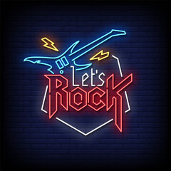 lets rock neon sign with brick wall background vector
