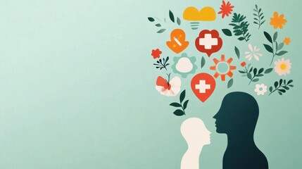 Abstract healthcare and wellbeing illustration two profiles with floral and symbolic elements