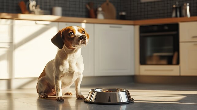 A beagle dog sits patiently by its food bowl in a bright kitchen awaiting its meal time now