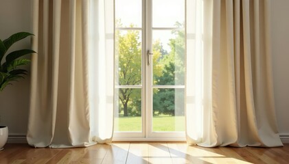 Cream linen curtains, natural light streaming through , photo, fabric