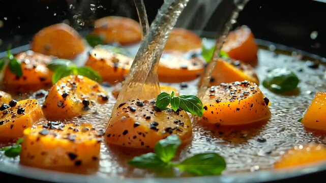 Cooking vibrant orange squash with herbs in pan