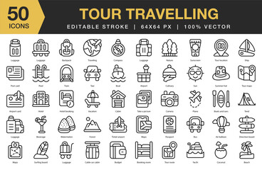 Tour Traveling icon set. Editable Stroke Icon Collection. Includes travel, tour, trip, vacation, tourism, adventure, journey, and More. Outline icons vector collection.