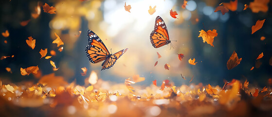 Autumn Butterflies Among Falling Leaves
