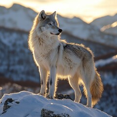Fototapeta premium Majestic wolf atop snowy mountain peak