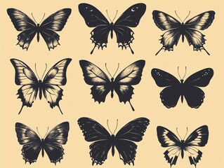 Fototapeta premium Nine black butterflies on beige background