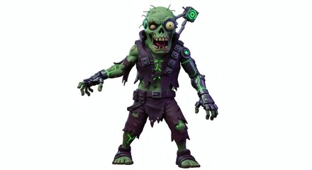 3d cartoon cyborg green zombie on white background