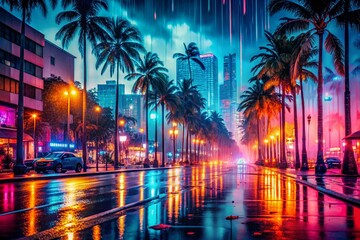 Neon Miami Nights: Double Exposure of Cityscape and Tropical Palms