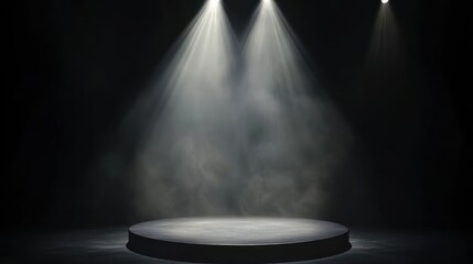 Round platform with spotlights in dark smoky room