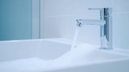Modern faucet running water in a sink with soap and bubbles