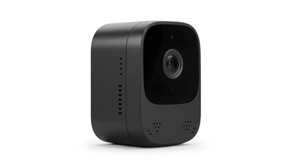 A close up shot of a small black security camera on a plain white background in a studio setting