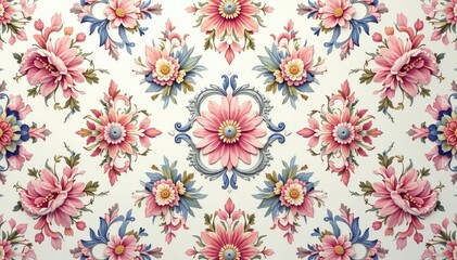 Fototapeta premium Intricate floral damask pattern in soft pastel hues, floral, shabby chic