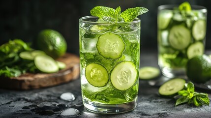 Fototapeta premium Refreshing cucumber water with mint and ice in glasses. Perfect for wellness, detox drinks, or summer hydration themes.