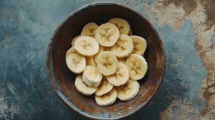 Naklejka premium A top down view of sliced bananas in a rustic bowl on a textured blue and beige surface top