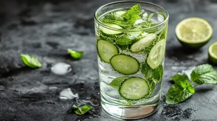 Refreshing cucumber water with mint and lime on dark background. Perfect for healthy living articles, summer drink images, or detox blogs.
