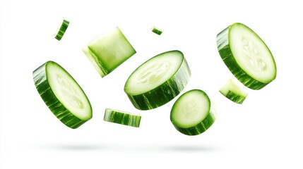 Fresh cucumber slices and diced pieces on white background
