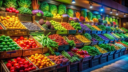 Night Grocery Store Produce Display: Vibrant Fruits & Vegetables