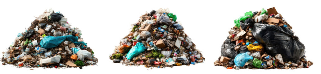 three piles of garbage isolated on white background
