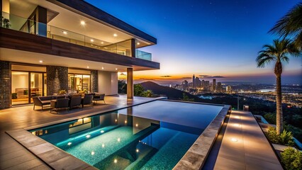 Fototapeta premium Night Luxury Home Infinity Pool Panoramic View Modern Architecture