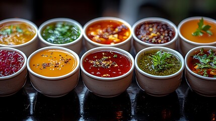 Colorful Variety of Sauces and Dips in Small Bowls on Dark Wooden Surface