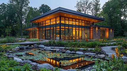Obraz premium Modern architectural design of a glass house surrounded by landscaped gardens at dusk