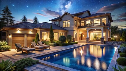 Night Photography: Luxurious House, Pool, Patio, Illuminated, Exterior