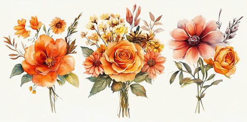 Obraz premium Orange autumn floral bouquets watercolor