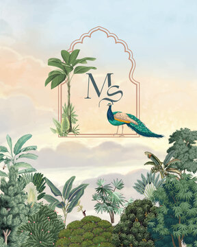 Pichwai, mughal, indian theme logo design for wedding. Traditional monogram. Ambani wedding theme.
