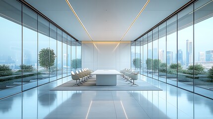 Modern glass-wall conference room with sleek white furniture high resolution picture
