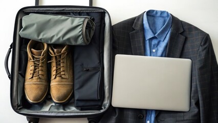 Naklejka premium Travel bag with shoes, laptop, and formal wear laid out neatly.