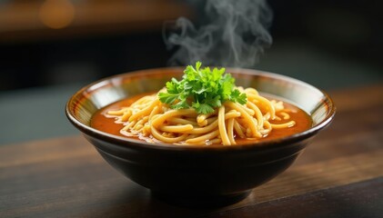 Steaming bowl of ramen noodles, broth, garnish, clean backdrop , green onions, food, spring onions