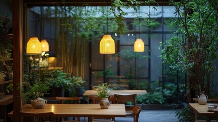 Obraz premium Serene Indoor Garden Restaurant at Night