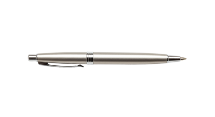 Sleek silver pen with fine tip isolated on transparent background, suitable for elegant stationery visuals, business presentations, office supplies mockups, and corporate branding materials