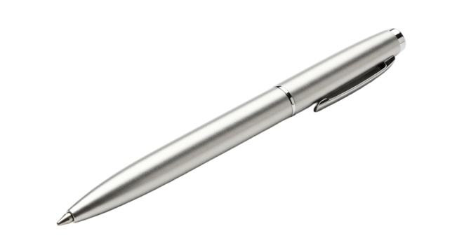 Professional silver pen with click mechanism isolated on transparent background, perfect for promotional material designs, office supplies ads, and business writing accessories visuals