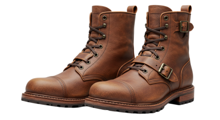A pair of brown leather work boots with laces and buckle straps isolated on a black background