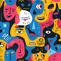 Set of colorful abstract shape cartoon character pattern illustration. Trendy 90s style funny art background with faces and drawing doodle, vector style simple color