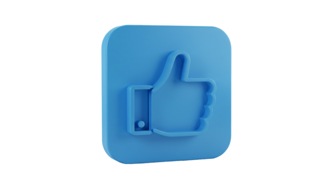Like button icon with raised thumb inside blue square isolated on transparent background, suitable for app interface, digital communication visuals, and engagement-driven content