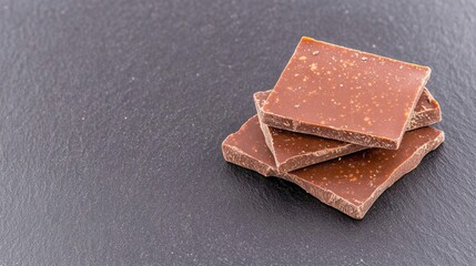 Three pieces of milk chocolate stacked on a dark slate surface.