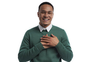 grateful man smiling with hands on chest, isolated on white background.
