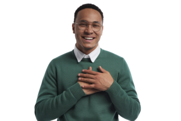 grateful man smiling with hands on chest, isolated on white background.