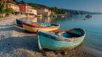 Obraz premium Colorful boats on pebble beach, Mediterranean coast at dawn. Serene coastal harmony in morning light. 