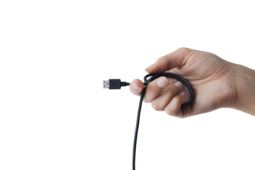 hand holding black usb cable on white background