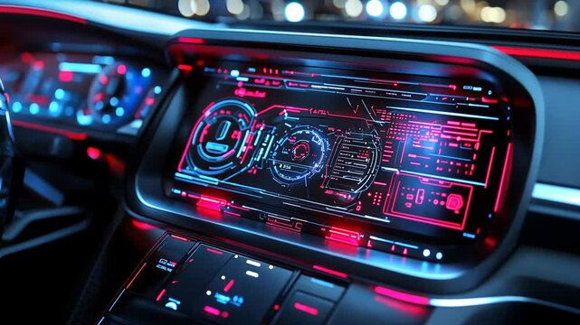 Futuristic Car Dashboard with Neon Digital Interface Displaying Advanced Information