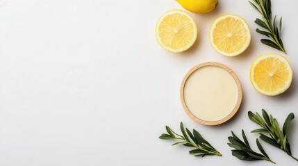 Fresh lemons and natural body cream on white background with green leaves for wellness and beauty themes